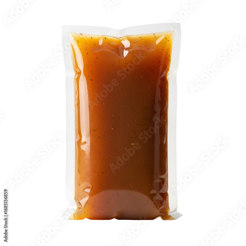 Photo of a clear plastic pouch filled with a thick, orangebrown sauce, possibly a soup or gravy, sealed at the top and isolated on a transparent background