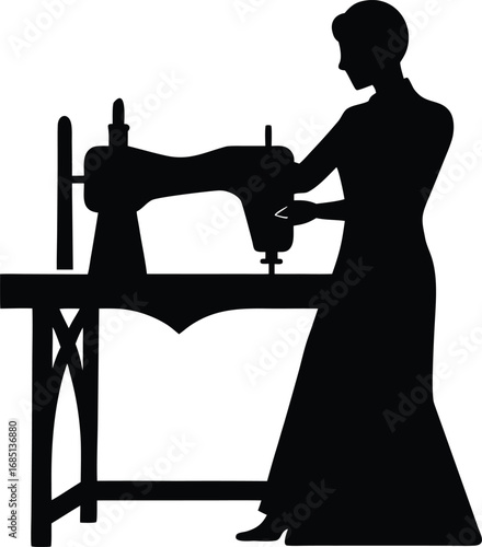 A black silhouette of a woman in a long dress operating a classic sewing machine on a wooden table.