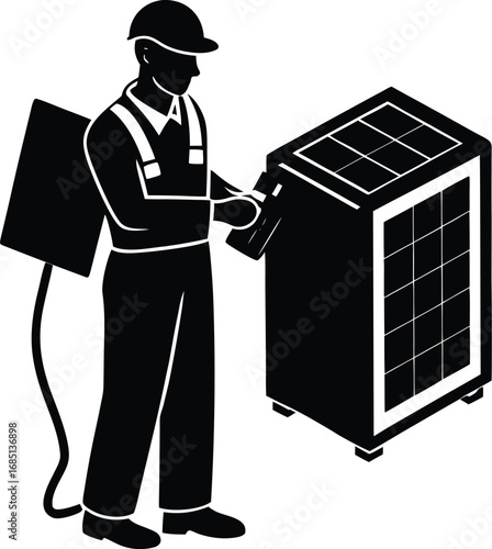 A silhouette of a worker in overalls and a hard hat installing solar panels onto an outdoor HVAC unit.