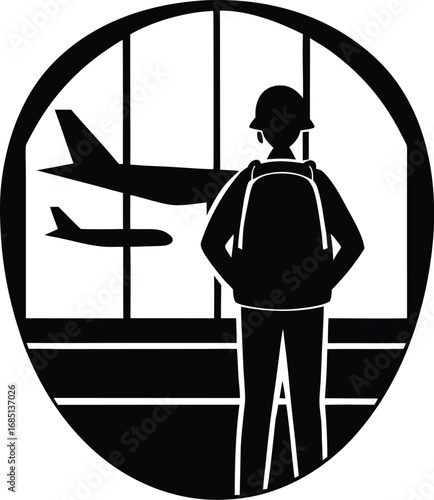 A silhouette of a person wearing a backpack stands at a large window, watching two airplanes outside.