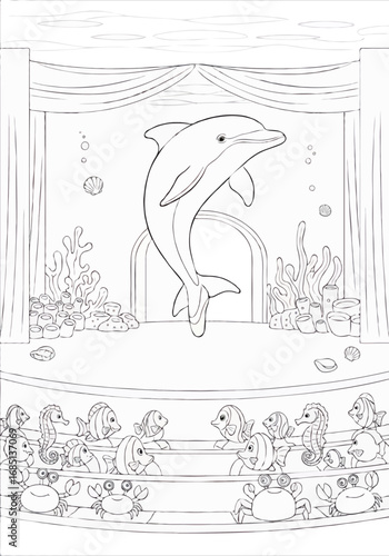 Happy dolphin performing for a sea audience in an underwater theater, a fun coloring page for children.