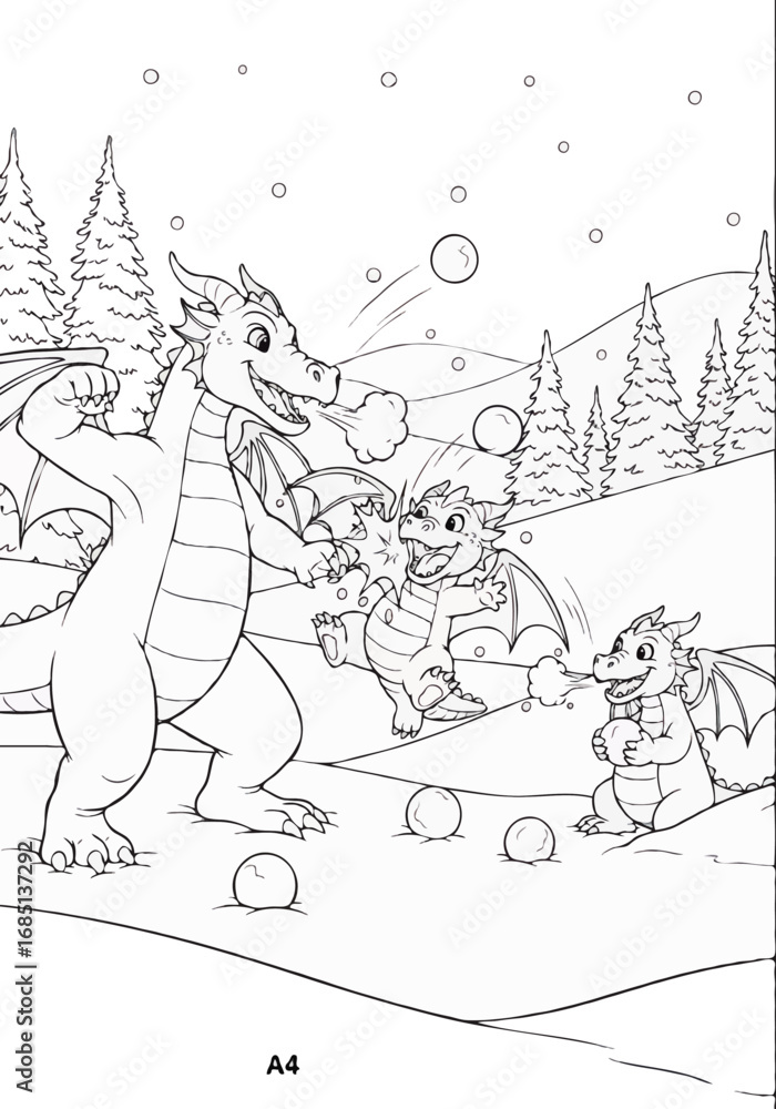 Fototapeta premium Playful family of friendly dragons having a snowball fight in a charming winter wonderland, a children's coloring page.