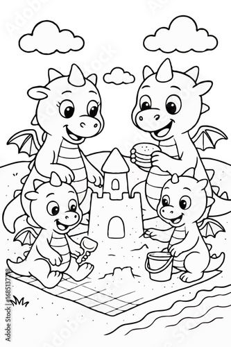 Happy family of cute dragons building a sandcastle on the beach, a delightful summer coloring page for children.


