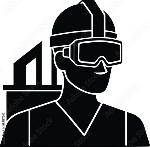 A black and white graphic depicts a person in a hard hat and virtual reality goggles, suggesting technology and construction.