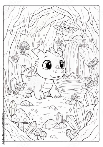 Adorable baby dragon exploring a magical crystal cave with a waterfall, a whimsical fantasy coloring page for children.
