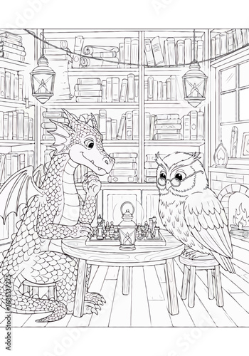 Charming fantasy coloring page of a clever dragon and a wise owl playing chess in a cozy library.