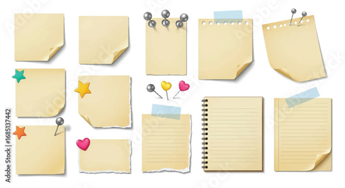 Collection of realistic paper note vectors various shapes and attachment methods perfect for reminders and design elements