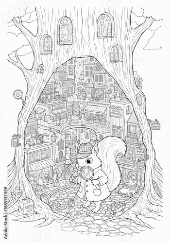 Adorable baby dragon climbing a tall tree in a magical forest, a whimsical fantasy coloring page for children.