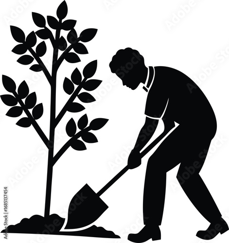 A black silhouette shows a person bending over, using a shovel to plant a young tree in the ground.