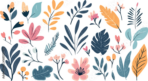 Collection of stylized botanical elements featuring leaves and flowers in a muted color palette