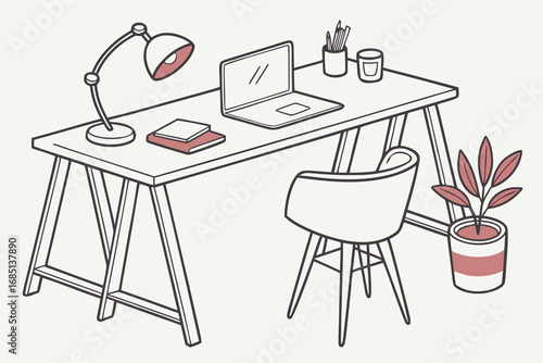 Cozy Minimalist Home Office Workspace with Laptop Plant and Lamp for Remote Work and Creative Projects Illustration Style