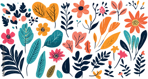 Vibrant hand drawn botanical elements collection featuring flowers leaves and heart shapes