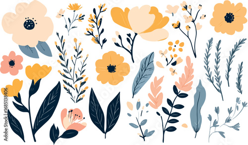 Delicate watercolor floral arrangement with soft peach yellow and blue botanical elements