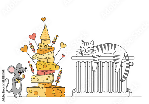 A tiny mouse enjoys a tower of delicious cheese while a cat sleeps peacefully on a warm radiator