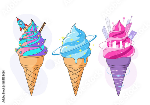 Whimsical cosmic ice cream cones with galactic swirls and rocket decorations
