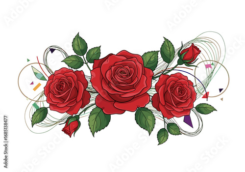 Elegant red roses arrangement with abstract swirls and geometric accents for romantic floral designs
