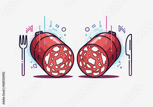 Savory sausage slices ready for a delicious meal with utensils and lively music notes