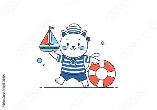 Adorable nautical cat character with sailboat and life buoy illustration