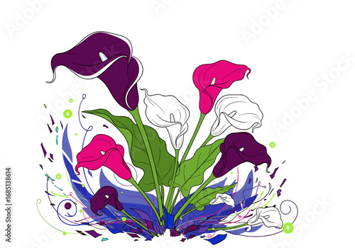 A beautiful arrangement of vibrant call lily flowers in a variety of stunning colors