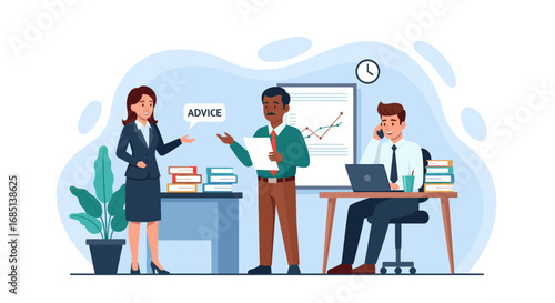 Business professionals collaborate and offer advice in a modern office environment. Ideal for depicting teamwork, consultation, and corporate strategy.