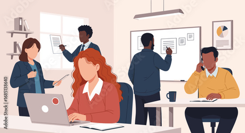 Diverse team collaborating and working diligently in a modern office. Illustrates productivity, teamwork, and professional communication in a corporate environment. Ideal for business concepts.