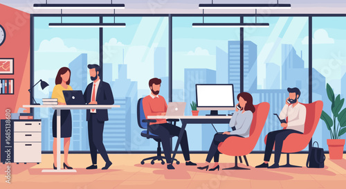 Diverse professionals collaborate and communicate in a modern, open-plan office space with city views. Represents contemporary business and teamwork.