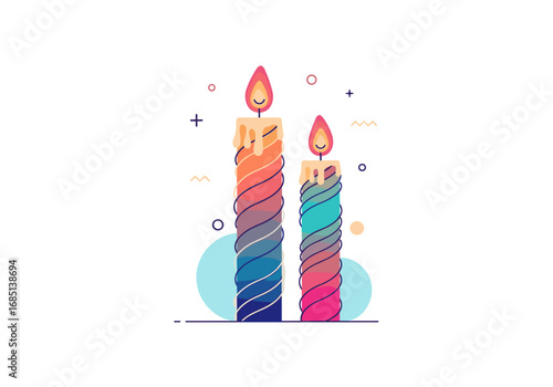 Vibrant colorful candles burning brightly with happy faces representing joyful celebration and warmth