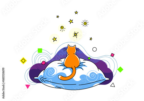 A cute orange cat sits on a blue pillow under a starry sky dreaming sweet dreams