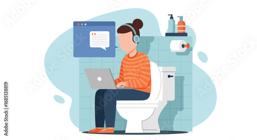 Female character with headphones working on laptop while sitting on toilet, depicting the blurred lines of remote work and multitasking. Concept of modern lifestyle.