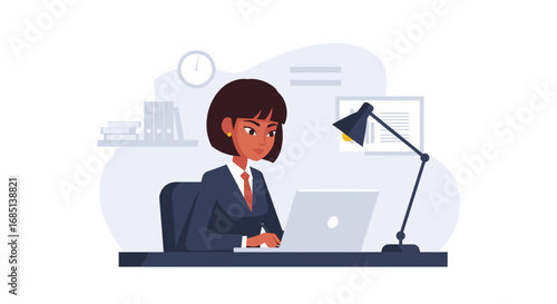 Professional businesswoman working diligently at her office desk on a laptop, focused on tasks. Ideal for corporate productivity and digital work concepts.