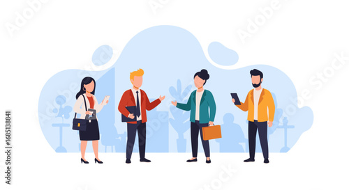 Group of diverse business professionals communicating and collaborating, representing teamwork, discussion, and corporate interaction in a modern setting.
