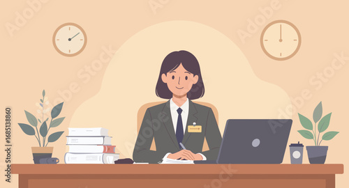 Professional woman smiling at her office desk, surrounded by a laptop, books, and plants. Ideal for concepts of productivity, business efficiency, and a positive work environment.