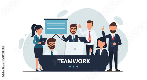 Diverse business professionals collaborate in a meeting, brainstorming ideas for project success. Emphasizes teamwork, communication, and corporate strategy.