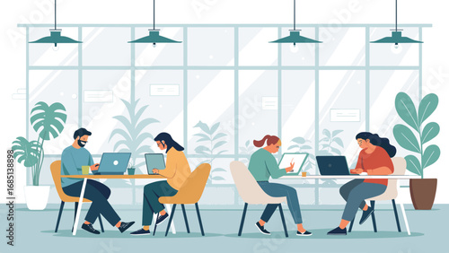 Diverse team collaborating in a bright, modern co-working office space, focused on laptops for business and innovation. Ideal for productivity concepts.