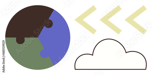 Puzzle piece Earth, minimal cloud, and three forward arrows symbolizing progress, collaboration, and sustainability. Ideal for environmental issues, teamwork, global unity, innovation education