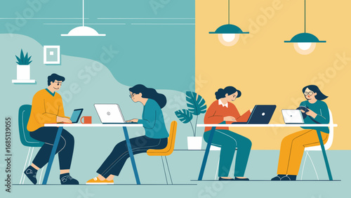 Diverse professionals actively work on laptops in a modern, vibrant office or co-working space, embodying productivity, digital collaboration, and teamwork. Ideal for business and lifestyle themes.