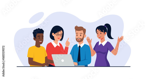 Diverse business team collaborates around a laptop, sharing ideas and discussing projects. Represents teamwork, communication, and modern workplace success.