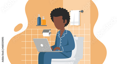 Person in pajamas working on a laptop in the bathroom. Represents remote work, extreme multitasking, or the blend of personal and professional life at home.