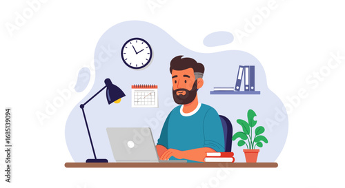 Productive man working on his laptop at a desk in a modern home office, symbolizing remote work, freelancing, and digital business solutions.