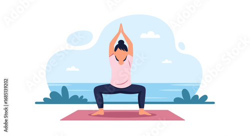 Illustrative image of a woman performing a yoga pose on a mat in a serene outdoor setting. Ideal for health, wellness, and active lifestyle themes.