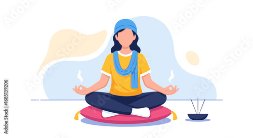 Person meditating peacefully in lotus position on a cushion with burning incense. Embodies mindfulness, relaxation, and mental wellness for health, lifestyle, and spiritual concepts.