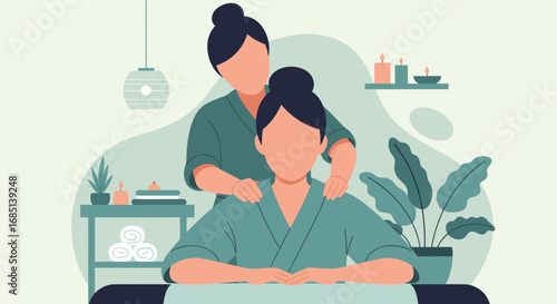 Two women in a serene spa setting, one receiving a relaxing shoulder massage. Ideal for wellness, self-care, and beauty concepts.