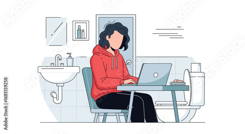 Person in a red hoodie focused on remote work, using a laptop in an unconventional bathroom setting. Illustrates flexible work-from-home life, dedication, or unusual productivity.