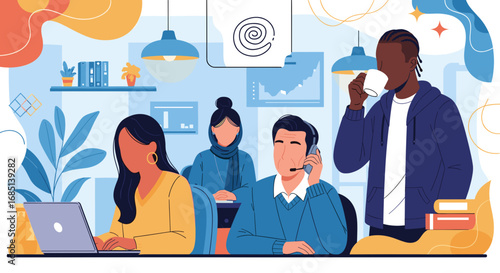 Diverse professionals engage in teamwork and communication in a vibrant modern office, ideal for business, customer service, and productivity.