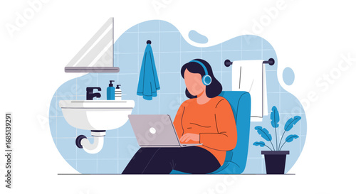 Focused woman in headphones uses a laptop in a bathroom, illustrating remote work, flexible arrangements, and productivity from any location.
