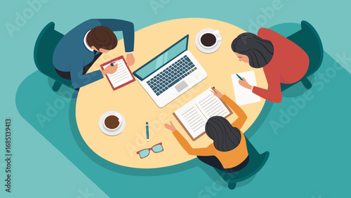 Three diverse professionals collaborate efficiently around a table with a laptop and documents, symbolizing teamwork and productive discussions in a modern office.