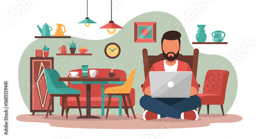 Bearded man works on a laptop in a relaxed home or cafe setting. Depicts remote work, digital nomad lifestyle, productivity, and online education.
