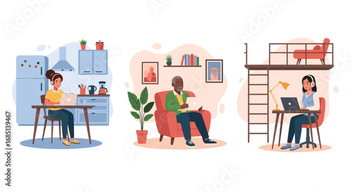 Diverse people working remotely from home with laptops. This concept illustrates flexible work, online education, and modern lifestyle, suitable for business and technology themes.