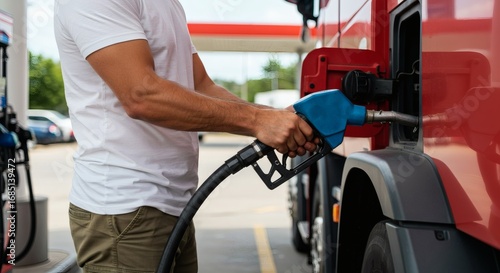 Man refueling red truck at gas station