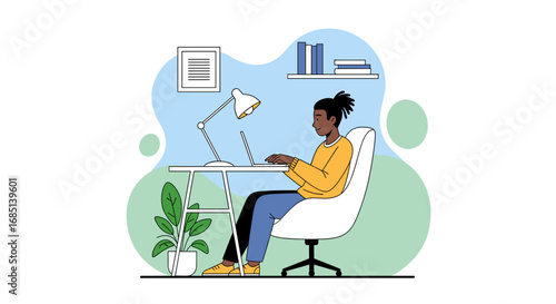 Focused individual working remotely on a laptop in a modern home office setting, representing productivity, education, or creative work.